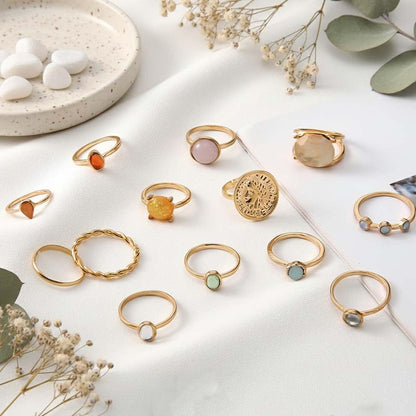 Chunky Gold Rings for Women Non Tarnish, Baroque Pearl Flower Tiger's Eye Stone Rings Adjustable Stacking Statement Rings Set Fashion Jewelry Gifts - style: Small colorful gem