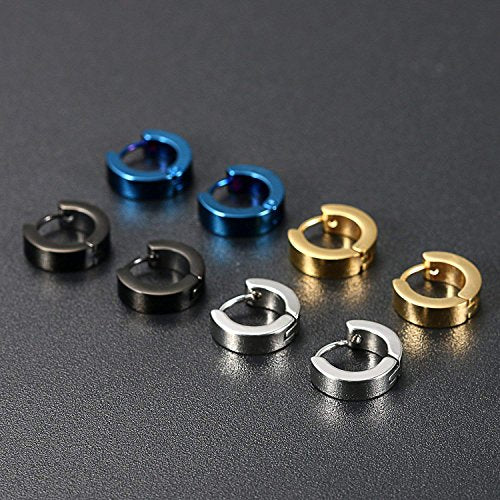 Aroncent Stainless Steel Hoop Earrings: 3-8 Pairs Men Small Hoop Huggie Hinged Earrings Set for Men Women 4mm Valentine Day Gifts - color: B-3PCS-Black+Blue+Silver+Gold