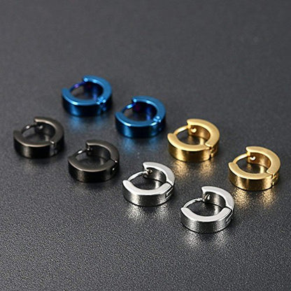 Aroncent Stainless Steel Hoop Earrings: 3-8 Pairs Men Small Hoop Huggie Hinged Earrings Set for Men Women 4mm Valentine Day Gifts - color: B-3PCS-Black+Blue+Silver+Gold