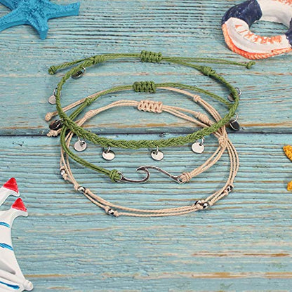Waterproof String Anklets Cute Beaded Ankle Bracelets Beach Wave Anklet Stainless Steel Coin Boho Ankle Jewelry for Women - color: Olive