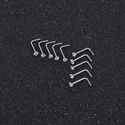 ZS 6-14PCS 20g Tiny Nose Stud Ring Piercing Surgical Steel Nose Bone/L Shaped/Nose Screws Rings Set - color: B:10pcs L Shaped Style(White)
