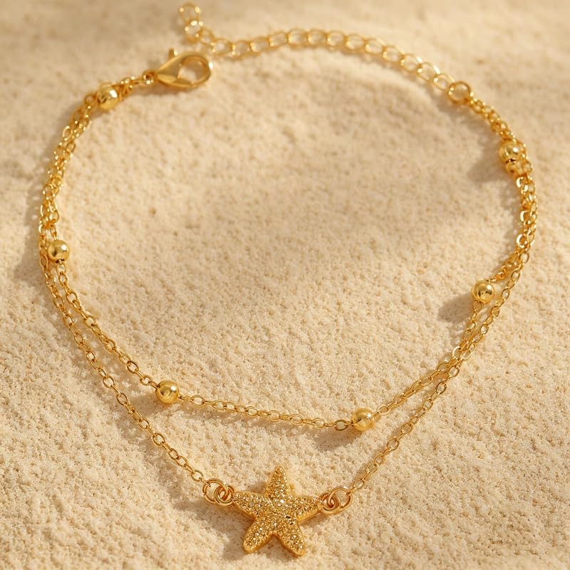 Gold Starfish Seashell Anklets Bracelets for Women Dainty Gold Layered Shell Link Chain Anklets Summer Conch Seashell Foot Bracelet Jewelry for Beach Vacation - color: gold4