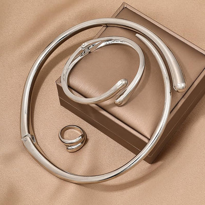 Round Teardrop Necklace Bracelet Ring Jewelry Set Gold Plated Chunky Statement Jewelry Set for Women Simple Elegant Jewelry - color: silver