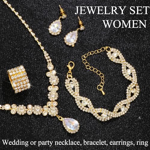 Rhinestone Jewelry Set Crystal Pearl Necklace Bracelet Earrings | Sparkly Necklace Dangle Earrings,Wedding Prom Formal Costume Jewelry Sets for Women - color: Gold1