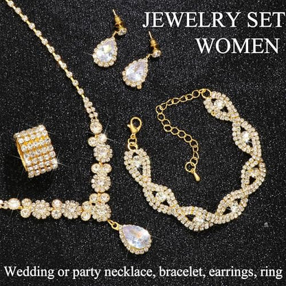 Rhinestone Jewelry Set Crystal Pearl Necklace Bracelet Earrings | Sparkly Necklace Dangle Earrings,Wedding Prom Formal Costume Jewelry Sets for Women - color: Gold1
