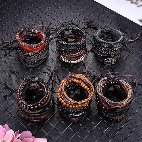 30PCS Braided Leather Bracelets for Men Women Wrap Wood Beads Bracelet Woven Ethnic Tribal Rope Wristbands Bracelets Set Adjustable - style: A:30PCS Style A