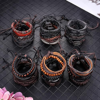 30PCS Braided Leather Bracelets for Men Women Wrap Wood Beads Bracelet Woven Ethnic Tribal Rope Wristbands Bracelets Set Adjustable - style: A:30PCS Style A