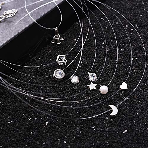 Starain 8 Pcs Fishing Line Necklace for Women Single Moon Star Cubic Zircon Pendant Choker Necklace Set - color: Siver