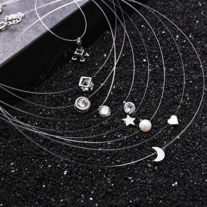 Starain 8 Pcs Fishing Line Necklace for Women Single Moon Star Cubic Zircon Pendant Choker Necklace Set - color: Siver