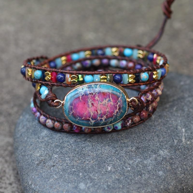 Double Color Emperor Stone Multi-layer Woven Leather Wrap Bracelet for Men and Women