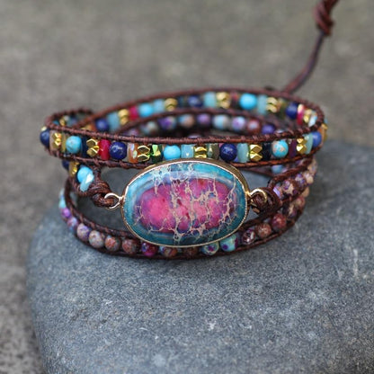 Double Color Emperor Stone Multi-layer Woven Leather Wrap Bracelet for Men and Women