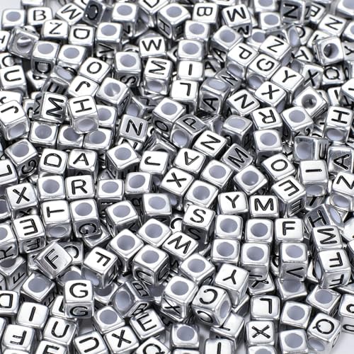 900Pcs Acrylic Silver Letter Beads Alphabet Colorful Letter Black Cube Beads for Friendship Bracelets and Gifts Souvenir Jewelry Making(6 * 6mm Cube) - color: Sliver Black(Cube)