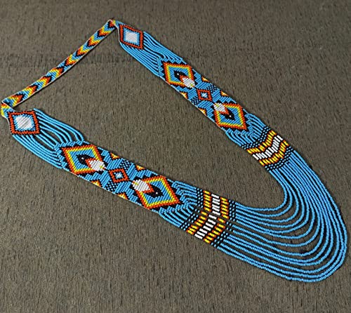 Weavish Layered Beaded Necklace – Boho Native Handmade Seed Bead Tassel Necklace, Bohemian Large Statement Beaded Necklace for Women - color: Blue