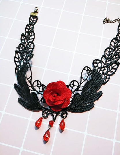 Goth Black Choker Necklace Crystal Bead Pendant Necklace for Women Gothic Velvet Lace Choker Halloween Vampire Witch Cosplay - color: C-Black and Red