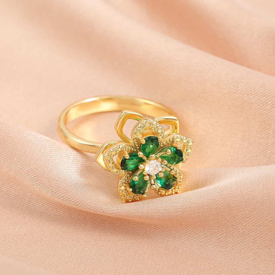 Sunflower Fidget Ring for Women Gold Anxiety Crystal Rings Cubic Zirconia Sunflower Open Adjustable Fidget Ring Spinner Sun Ring for Men Trendy Jewelry - color: Gold Green
