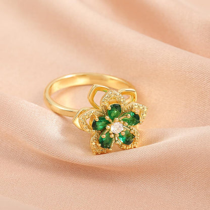 Sunflower Fidget Ring for Women Gold Anxiety Crystal Rings Cubic Zirconia Sunflower Open Adjustable Fidget Ring Spinner Sun Ring for Men Trendy Jewelry - color: Gold Green