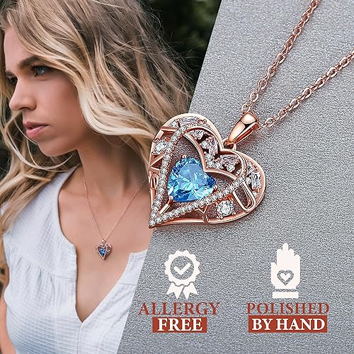 5 Heart I Love You Necklace for Women, Birthstone Crystal Pendant, Birthday Gift for Her, Wife, Mom, Rose Gold or Gunmetal Plated, 925 Sterling Silver Chain 18"+2" - color: 03-March-Aquamarine Aqua Blue-Rose Gold Plated