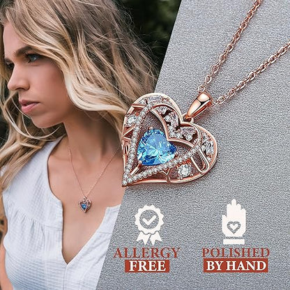 5 Heart I Love You Necklace for Women, Birthstone Crystal Pendant, Birthday Gift for Her, Wife, Mom, Rose Gold or Gunmetal Plated, 925 Sterling Silver Chain 18"+2" - color: 03-March-Aquamarine Aqua Blue-Rose Gold Plated