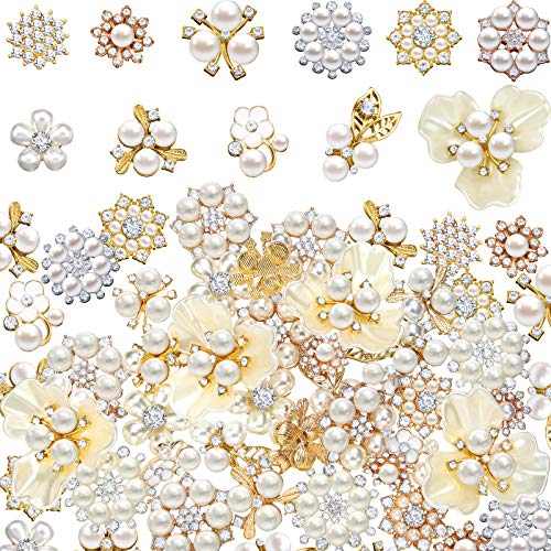 Hicarer 44 Pieces Pearl Rhinestone Buttons Rhinestone Faux Pearl Embellishments Brooch Alloy Floral Pendants for Jewelry Making Party Wedding Bridal Bouquet DIY Home Decoration(Gold) - color: Gold