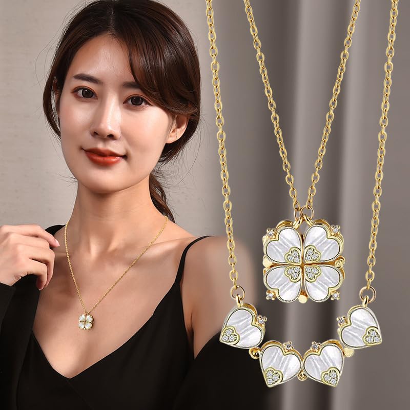 Four Leaf Clover Necklace Foldable for Women,Four Heart Grass Women's Necklaces Crocker,Retro Magnetic Folding Love Heart Pendant One Style,Two Wearing Methods - color: Gold