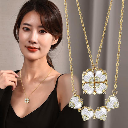 Four Leaf Clover Necklace Foldable for Women,Four Heart Grass Women's Necklaces Crocker,Retro Magnetic Folding Love Heart Pendant One Style,Two Wearing Methods - color: Gold