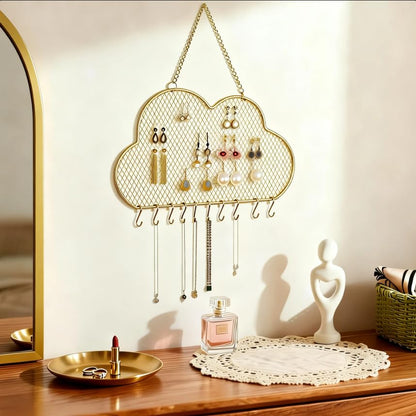 Heshouer Cloud-shaped Earring Wall Holder, Gold | Wall Mounted, 10 Hooks & Small Grid, Hanging Display Stand, For Earrings Necklace, Decorative Bedroom Closet Home Decor - size: Cloud-shaped
