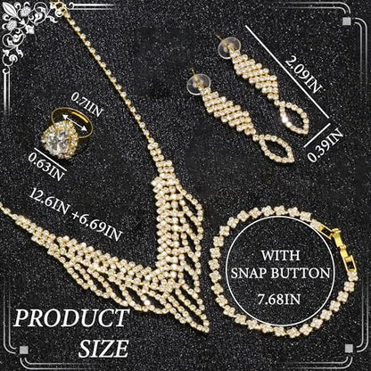 Rhinestone Jewelry Set Crystal Pearl Necklace Bracelet Earrings | Sparkly Necklace Dangle Earrings,Wedding Prom Formal Costume Jewelry Sets for Women - color: Gold5