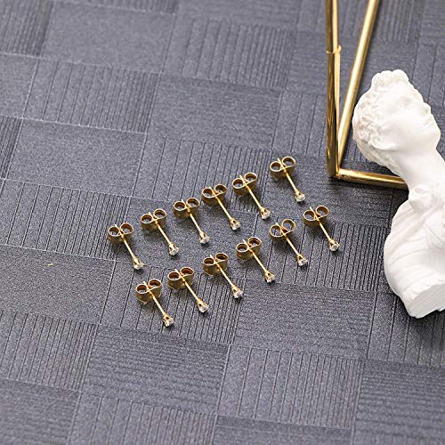 14K Gold Filled Polished Small CZ Pearl Ball Stud Earrings Set for Women Men 20G Surgical Steel Hypoallergenic Piercing Studs for Sensitive Ear, Pack of 6 Pairs - style: 2MM Gold Cubic Zirconia Studs Set