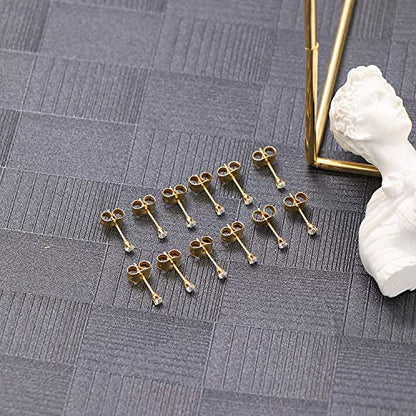 14K Gold Filled Polished Small CZ Pearl Ball Stud Earrings Set for Women Men 20G Surgical Steel Hypoallergenic Piercing Studs for Sensitive Ear, Pack of 6 Pairs - style: 2MM Gold Cubic Zirconia Studs Set