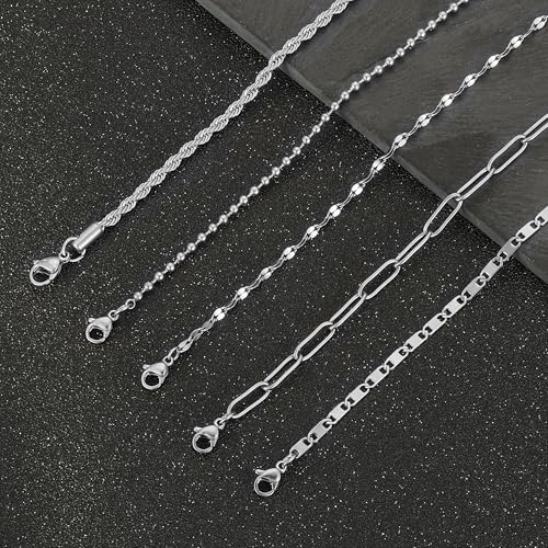 6PCS Ankle Bracelets for Women18K Gold Plated Stainless Steel Waterproof Layered Herringbone Figaro Bead Paperclip Rope Tennis Box Cuban Link Rolo Satellite Chain Anklets Set Gold Tone - style: D:Silver2
