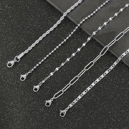 6PCS Ankle Bracelets for Women18K Gold Plated Stainless Steel Waterproof Layered Herringbone Figaro Bead Paperclip Rope Tennis Box Cuban Link Rolo Satellite Chain Anklets Set Gold Tone - style: D:Silver2