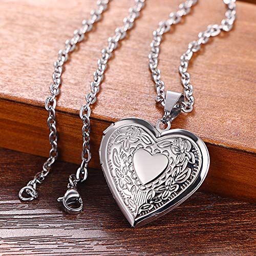 YOUFENG Oval Round Flower Locket Necklace that Holds Pictures Photo Locket Pendant - style: Heart Silver-plated