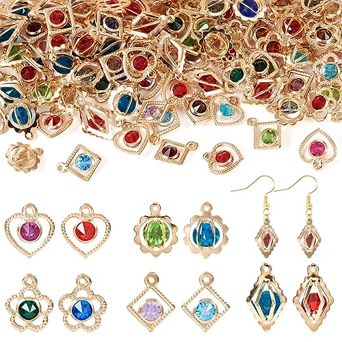Cheriswelry 100Pcs Light Gold Plated Rhinestone Iron Charms Crystal Heart Flower Rhombus Round Pendants 5 Styles 15-19mm for DIY Crafts Necklace Earring Jewelry Making - color: Mixed Color*4