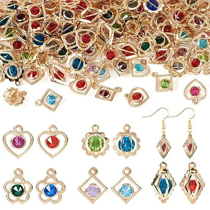 Cheriswelry 100Pcs Light Gold Plated Rhinestone Iron Charms Crystal Heart Flower Rhombus Round Pendants 5 Styles 15-19mm for DIY Crafts Necklace Earring Jewelry Making - color: Mixed Color*4