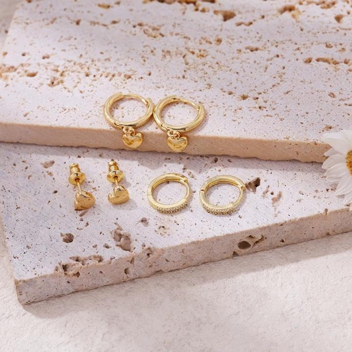 Gold Plated Earrings for Women, 14k Gold Plated Earring Stack Hypoallergenic Pearl Drop Earring Dainty Earrings for Women Trendy Cute Small Huggie Hoop Earring Fashion Womens Jewelry - color: SET24