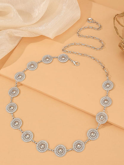 Women Western Concho Chain Belt - Fashion Gold Metal Waist Cowgirl Belt for Dresses Jeans - color: Silver-sun-flower