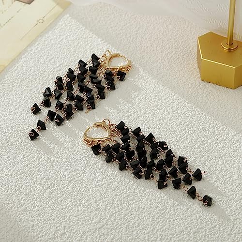 Fringe Hoop Dangle Earrings, Long Beads Tassel Chain Earrings for Women Sparkly Chandelier Earrings - color: Black
