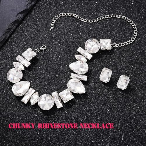 ACEDRE Rhinestone Necklace Earrings Set Silver Costume Jewelry for Women | Sparkly Large Diamond Choker Sets Prom Wedding Bridal Necklaces 2Pcs