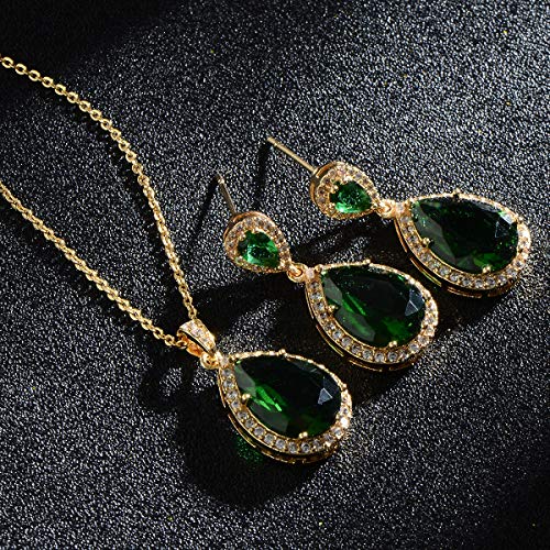 Bridal Jewelry Set for Wedding - 18k Plated Teardrop CZ Crystal Cubic Zirconia Rhinestone Necklace Earrings Set for Bride Bridesmaids Mother of Bride Party Prom Birthstone Costume Jewelry - color: May-Green