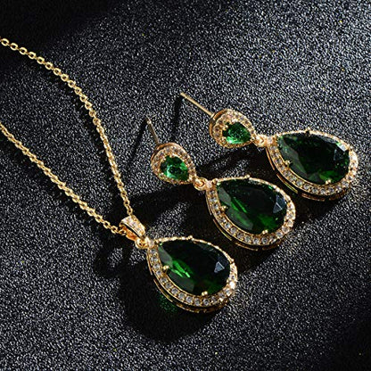 Bridal Jewelry Set for Wedding - 18k Plated Teardrop CZ Crystal Cubic Zirconia Rhinestone Necklace Earrings Set for Bride Bridesmaids Mother of Bride Party Prom Birthstone Costume Jewelry - color: May-Green