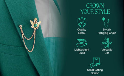 Knighthood Men's Golden Crown Stone With Hanging Chain Brooch Golden Crystal Suit Stud Lapel Pin Vintage Rhinestone Wedding Pin