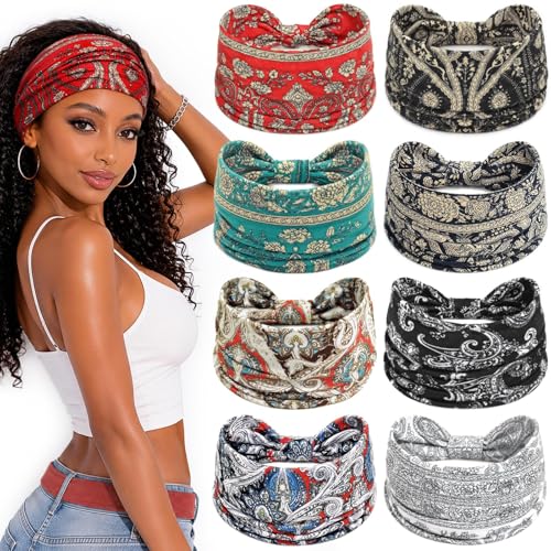 Awumbuk Wide Headbands for Women Knotted Non Slip, 8 Pack Soft Head Bands to Hide Hairline, Fashion Boho Style Bandana, Moisture Wicking Hair Bands for Workout Sports Yoga Makeup - color: Paisley red