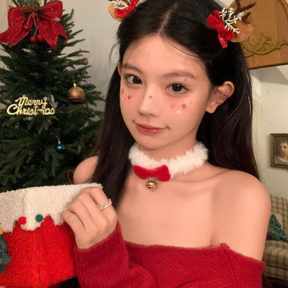 CJIAYUJEW Red Bow Velvet Choker Necklace Sexy Faux Fur Collar Bowtie Long Wrap Rope Neck Chain with Gold Pendant Bell Party Neck Accessories for Women - color: A