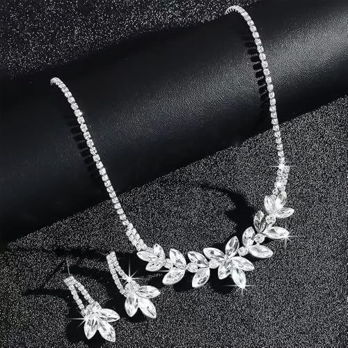 Elegant Rhinestone Flower Bridal Jewelry Set for Women Sparkling Crystal Cubic Zirconia Floral Leaf Adjustable Chain Choker Necklace Drop Dangle Earrings Set Wedding Prom Party Fashion Jewelry