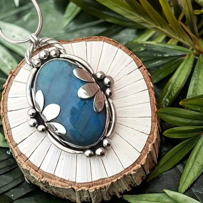 1 Pc, Silver Tone Snake Chain, Vintage Floral Labradorite Pendant Necklace, Boho Ethnic Style, Trendy Outfit Matching Jewelry (Silver)