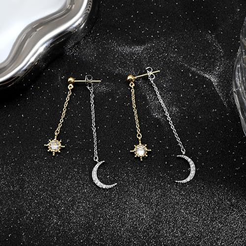 Moon and Star Dangle Earrings | Chain Tassel with Cubic Zirconia Drop Front and Back Earrings Celestial Jewelry for Wedding Gift - color: Gold and Silver