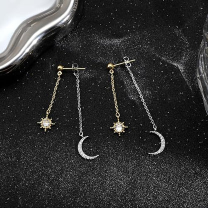 Moon and Star Dangle Earrings | Chain Tassel with Cubic Zirconia Drop Front and Back Earrings Celestial Jewelry for Wedding Gift - color: Gold and Silver
