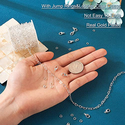 KISSITTY 16.4 Feet 18K Platinum Gold Plated Necklace Chains for Jewelry Making Heart Link Chain with Jump Rings Lobster Clasps for Women Bracelet Earring Making Repair 3.5mm Width