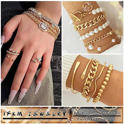IFKM 6 PACK (24 PCS) Boho Gold Chain Bracelets Set for Women, 14K Gold Plated Multiple Layered Stackable Open Cuff Wrap Bangle Adjustable Link Italian Cuban Jewelry for Women Gift - style: 27PCS Gold Thin Chain