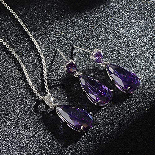 Wedding Jewelry Set for Bridesmaids - Sterling Silver Teardrop CZ Crystal Cubic Zirconia Rhinestone Diamond Bridal Necklace Earrings Set for Bride Mother of Bride Party Prom Birthstone Costume Jewelry - color: Feb-Amethyst
